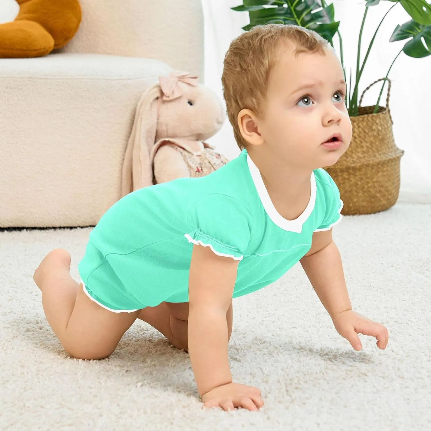 FRODOTGV Mint Green Plain Baby Girls Bubble Rompers Ruffle Sleeve Bubble Bodysuit Jumpsuit Cotton Clothes Outfits 3M