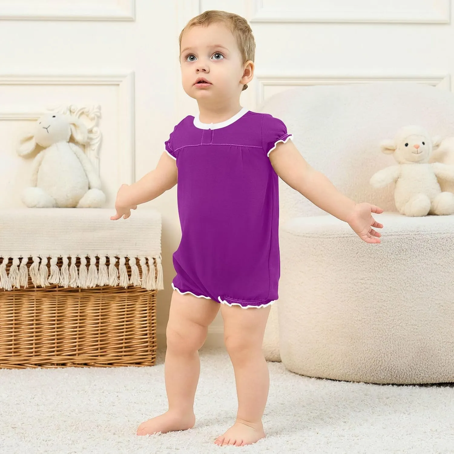 FRODOTGV Purple Plain Baby Girl Outfits Romper Ruffled Sleeve 1-Piecing Jumpsuit Cotton Bodysuit Tops 3M