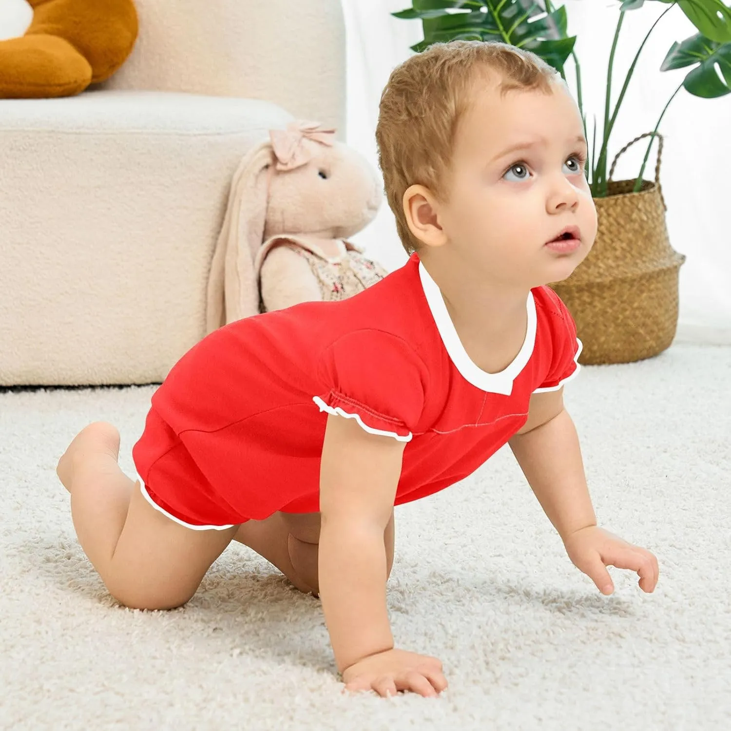 FRODOTGV Red Plain Toddler Girls Rompers Summer Ruffled Sleeve Summer Outfit Jumpsuit Bodysuits Cotton Bodysuit Tops 3M