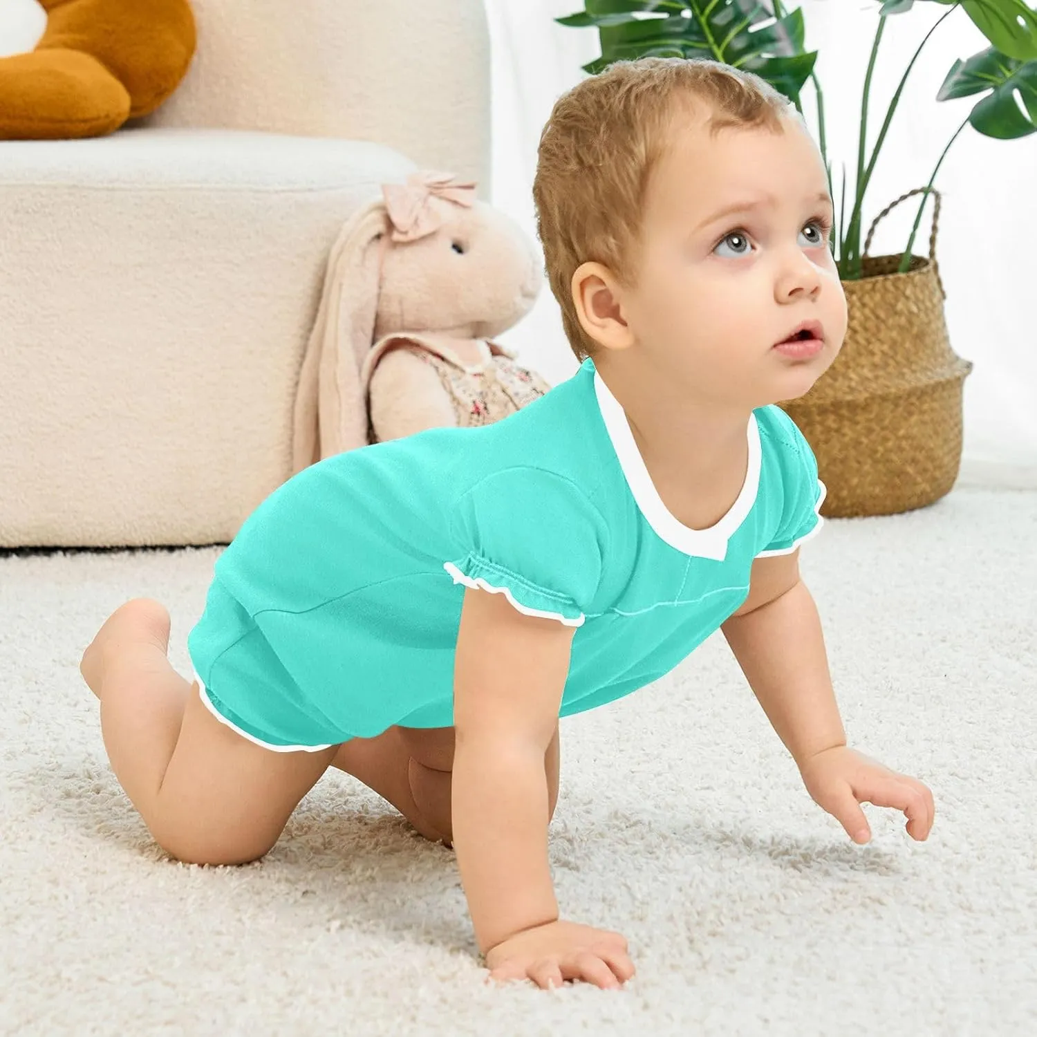 FRODOTGV Teal Plain Baby Girl Infant Toddler Rompers Ruffle Sleeve 1-Piecing Jumpsuit Cotton Bodysuit Outfits 3M