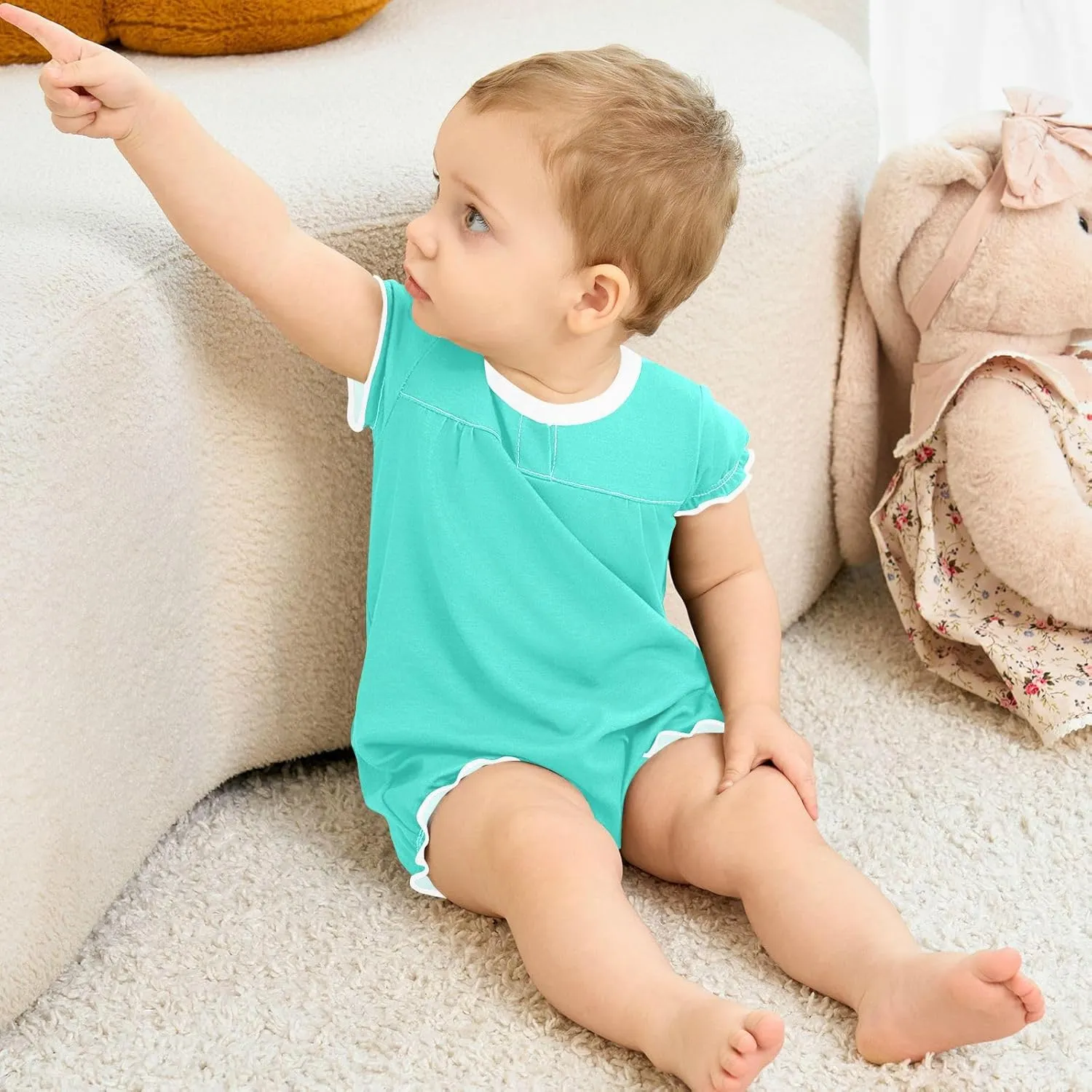 FRODOTGV Teal Plain Baby Girl Infant Toddler Rompers Ruffle Sleeve 1-Piecing Jumpsuit Cotton Bodysuit Outfits 3M