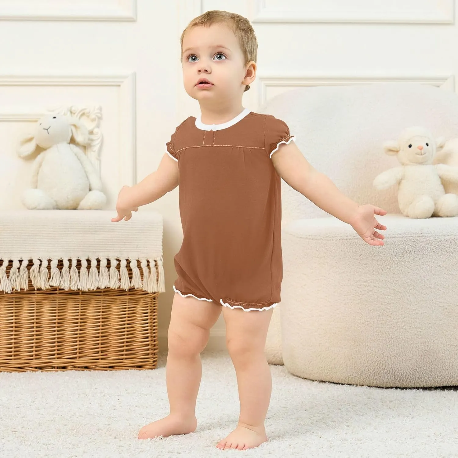 FRODOTGV Terracotta Plain Baby Girls Rompers for Infant Ruffle Sleeve Casual Summer Jumpsuit Cotton Romper Bodysuit 3M