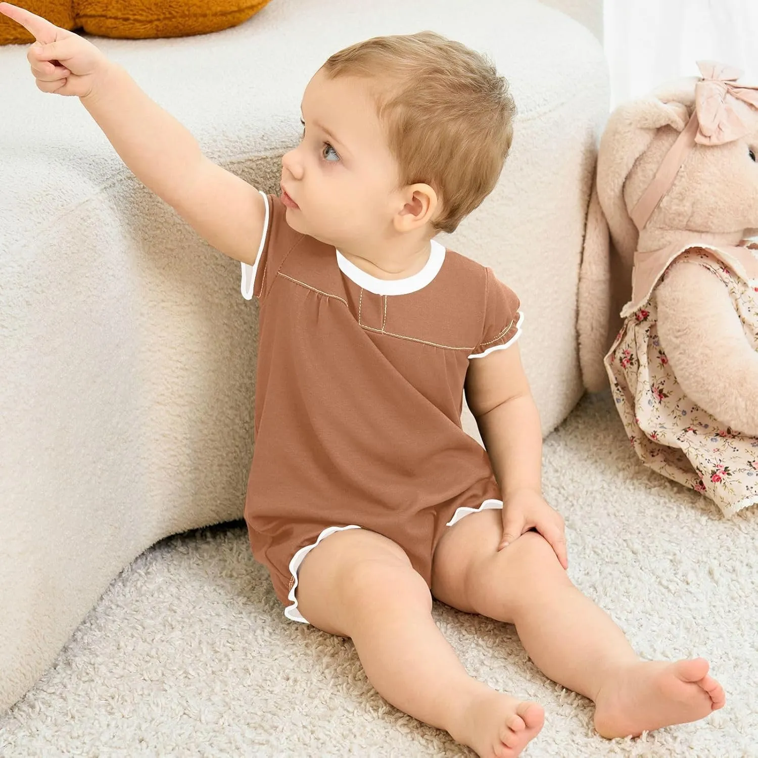 FRODOTGV Terracotta Plain Baby Girls Rompers for Infant Ruffle Sleeve Casual Summer Jumpsuit Cotton Romper Bodysuit 3M