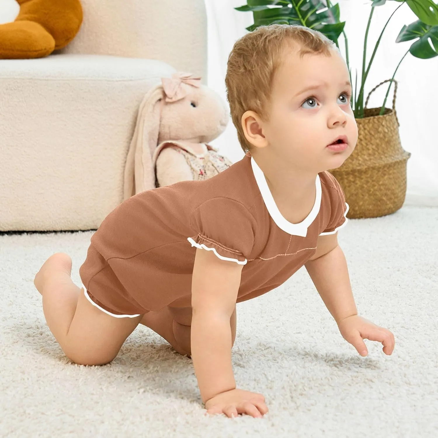 FRODOTGV Terracotta Plain Baby Girls Rompers for Infant Ruffle Sleeve Casual Summer Jumpsuit Cotton Romper Bodysuit 3M