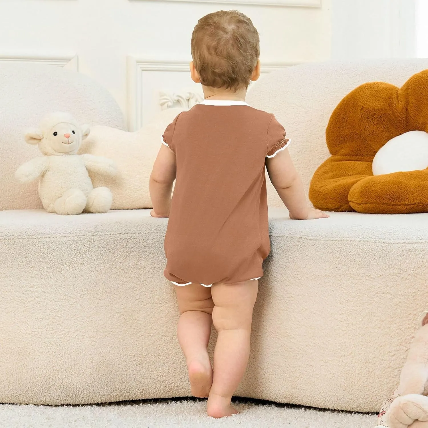 FRODOTGV Terracotta Plain Baby Girls Rompers for Infant Ruffle Sleeve Casual Summer Jumpsuit Cotton Romper Bodysuit 3M