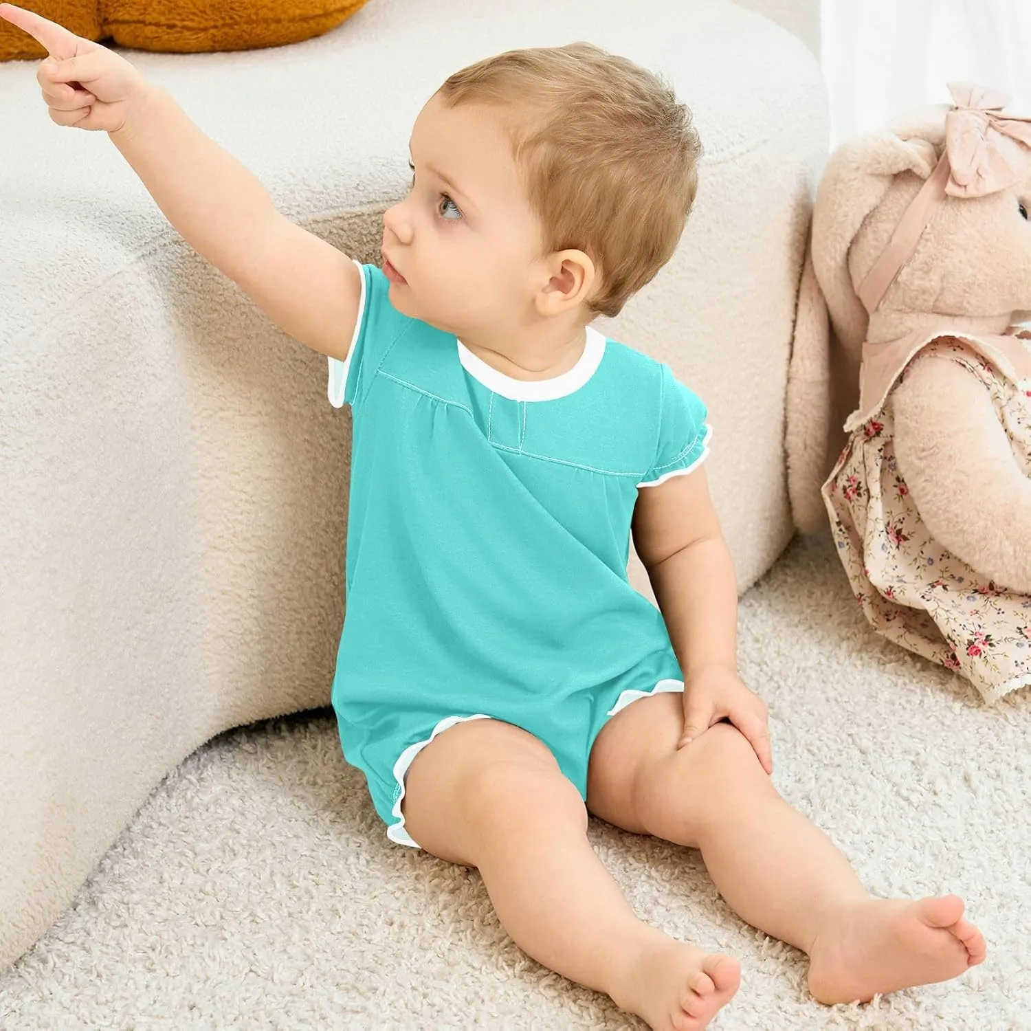 FRODOTGV Turquoise Plain Toddler Girls 1-Piecing Romper Ruffled Sleeve Bodysuit Jumpsuit Cotton Casual Summer Bodysuits 3M