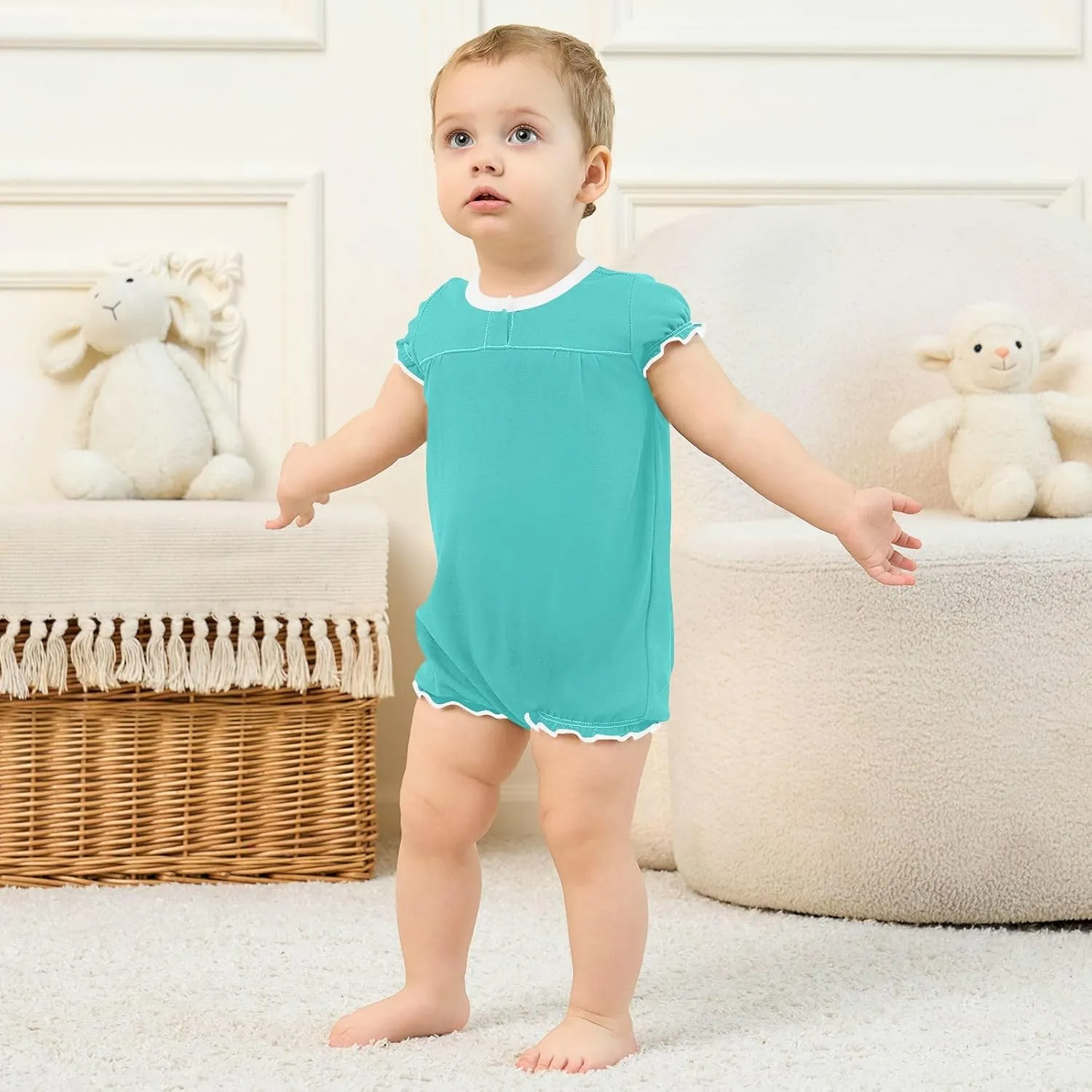 FRODOTGV Turquoise Plain Toddler Girls 1-Piecing Romper Ruffled Sleeve Bodysuit Jumpsuit Cotton Casual Summer Bodysuits 3M