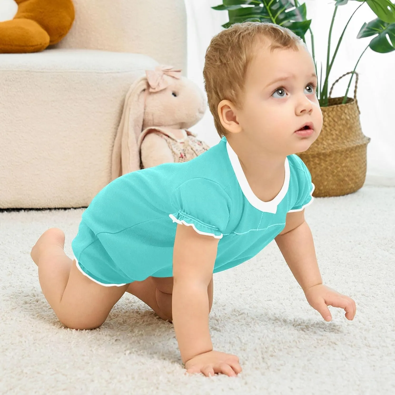 FRODOTGV Turquoise Plain Toddler Girls 1-Piecing Romper Ruffled Sleeve Bodysuit Jumpsuit Cotton Casual Summer Bodysuits 3M