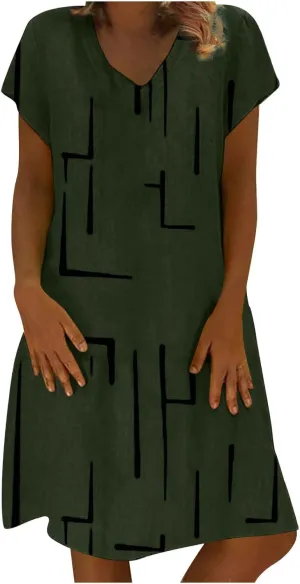 Funny Print Dress for Women V-Neck Short Sleeve Basic Summer Casual Dresses Beach Vacation Fashion Midi Sundress