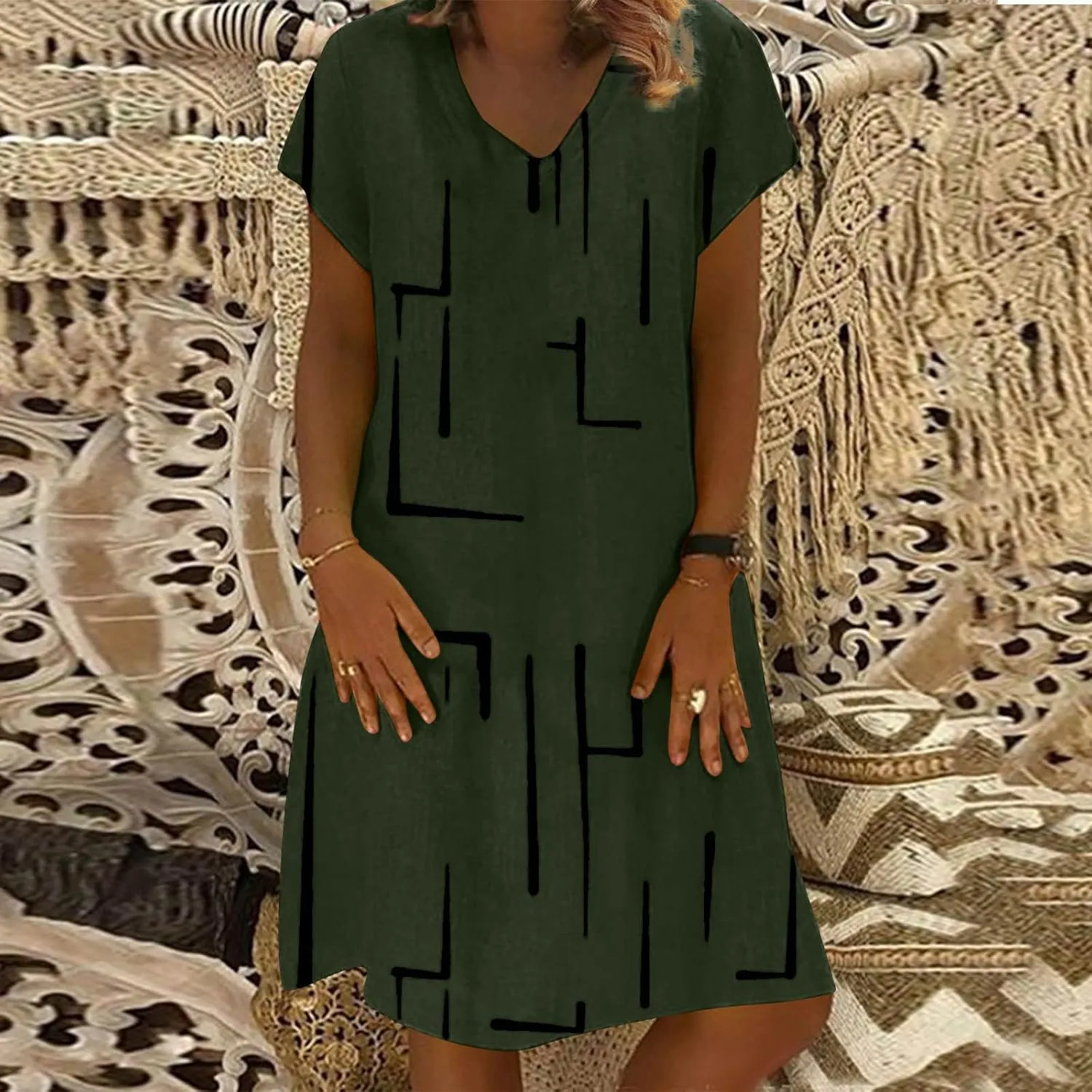 Funny Print Dress for Women V-Neck Short Sleeve Basic Summer Casual Dresses Beach Vacation Fashion Midi Sundress