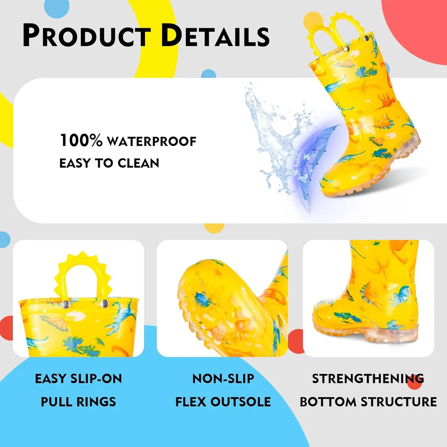 GAWBAW Toddler Rain Boots Kids With Glitter Light up Rain Boots With Easy-on Handles Waterproof For Boys and Girls