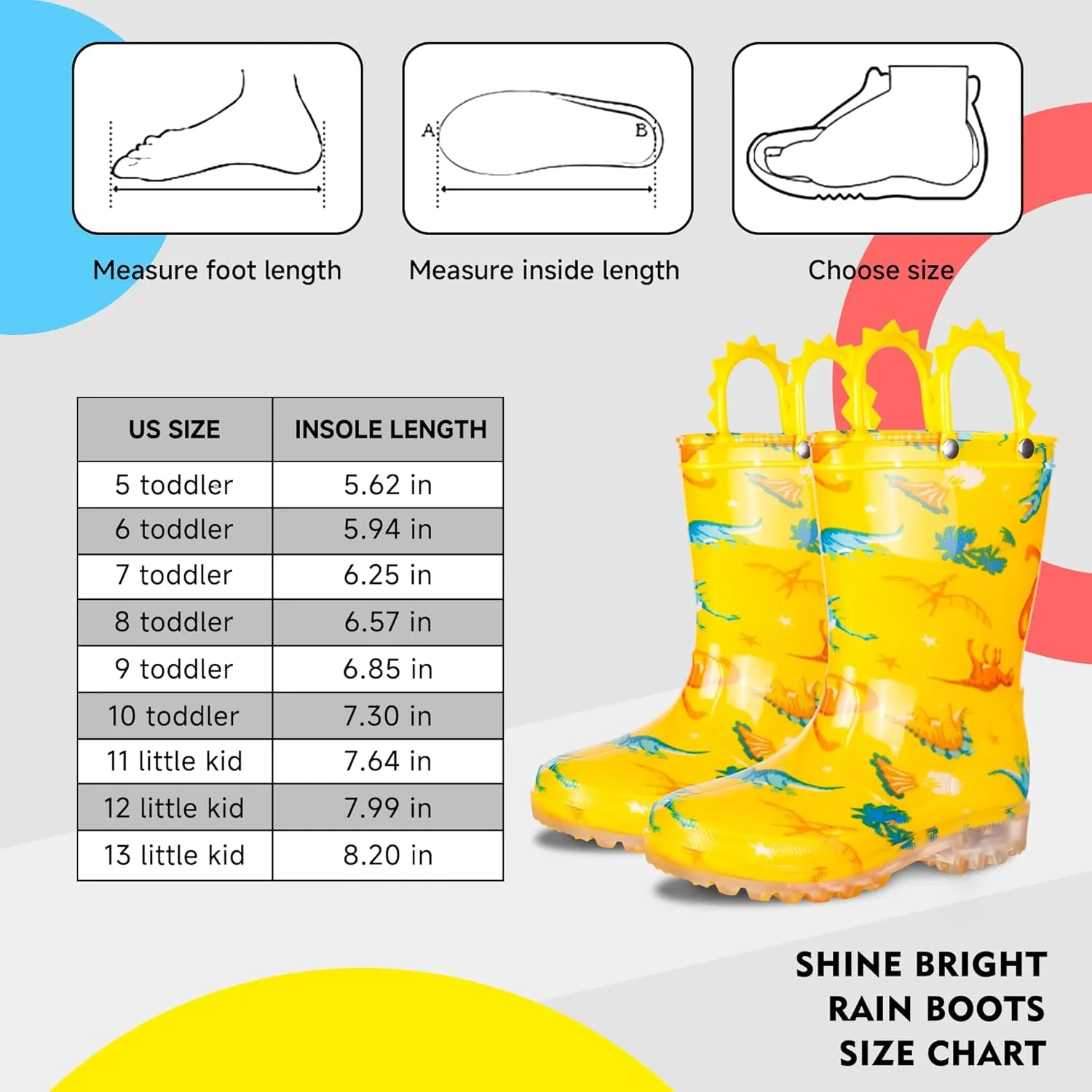 GAWBAW Toddler Rain Boots Kids With Glitter Light up Rain Boots With Easy-on Handles Waterproof For Boys and Girls