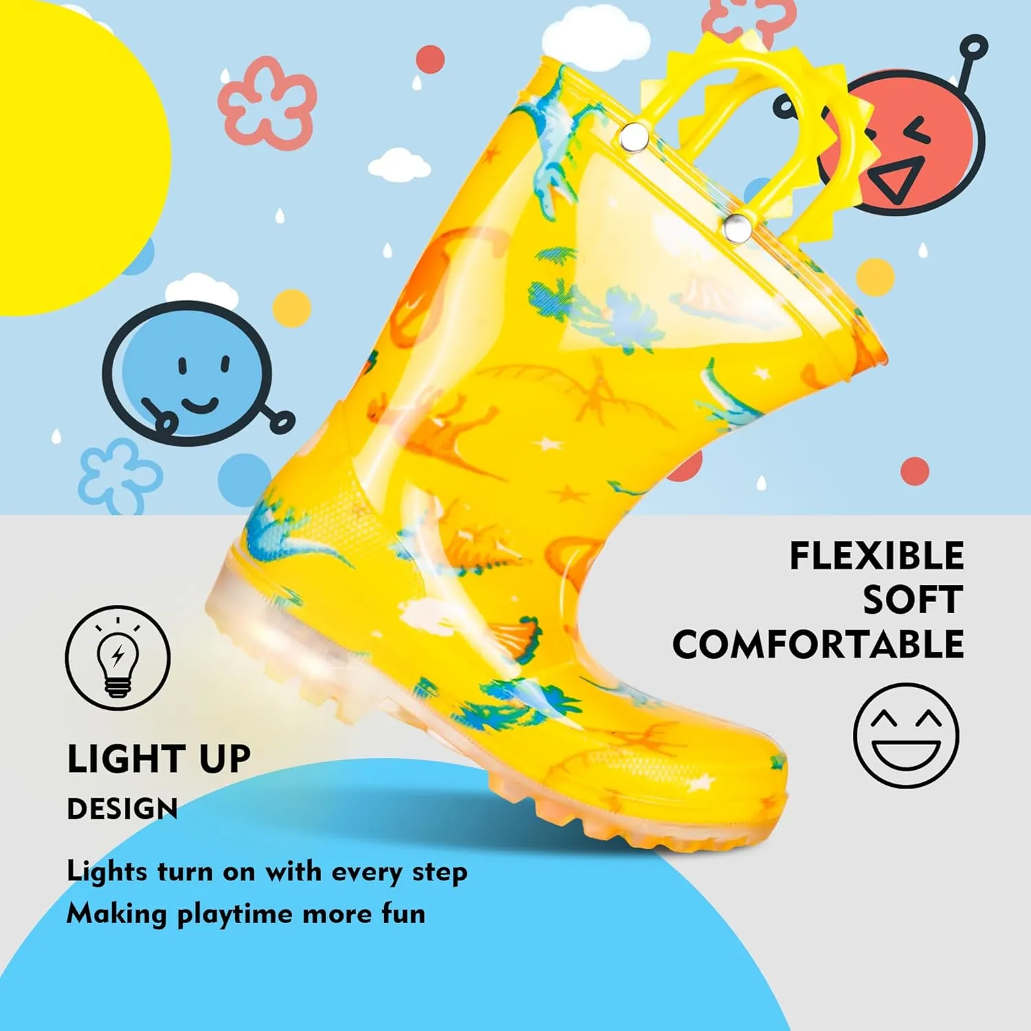 GAWBAW Toddler Rain Boots Kids With Glitter Light up Rain Boots With Easy-on Handles Waterproof For Boys and Girls