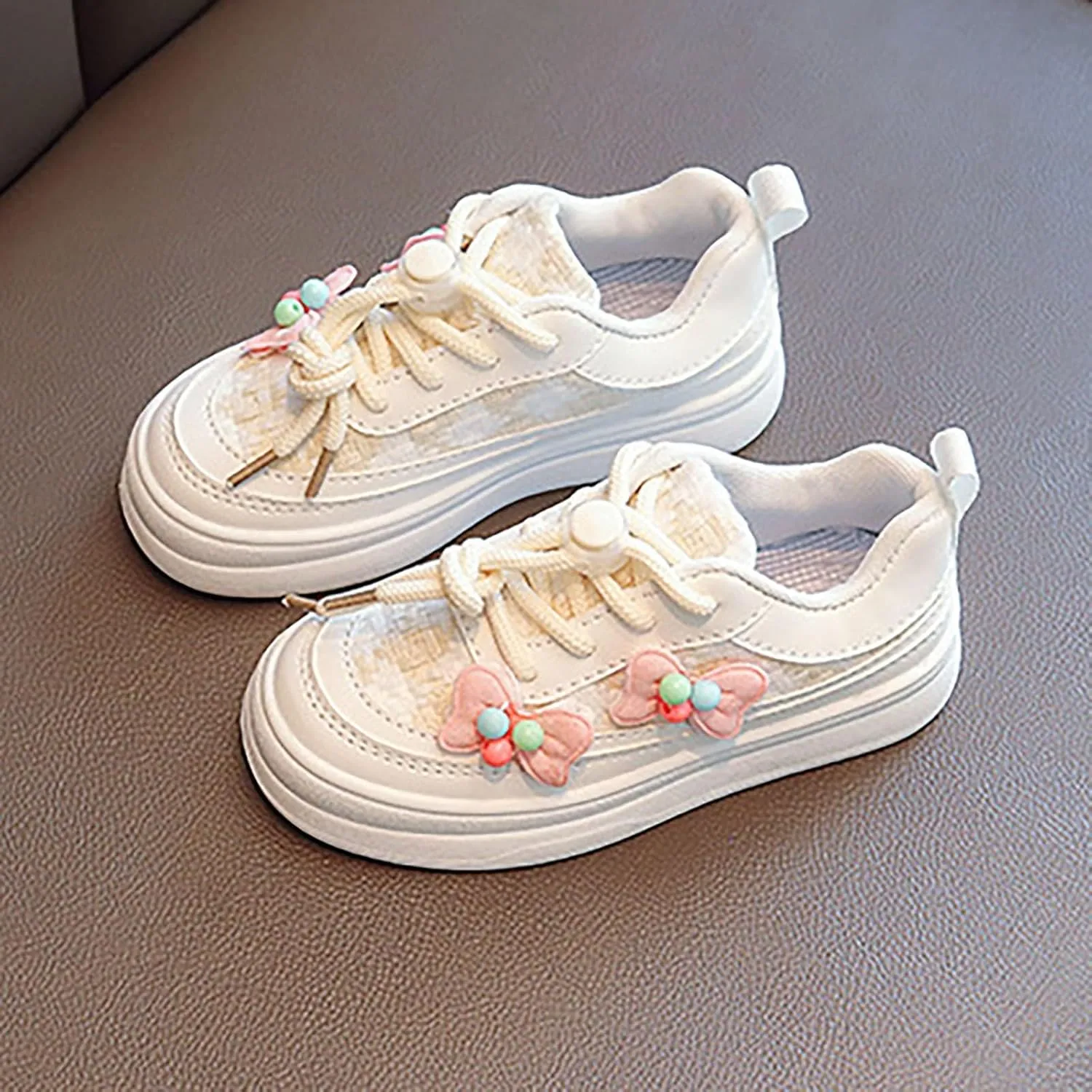 Girls' Bowknot White Sneaker Toddler Kids Casual Breathable Shoes for Little Kid Tennis Running Lace Up Spring Shoes