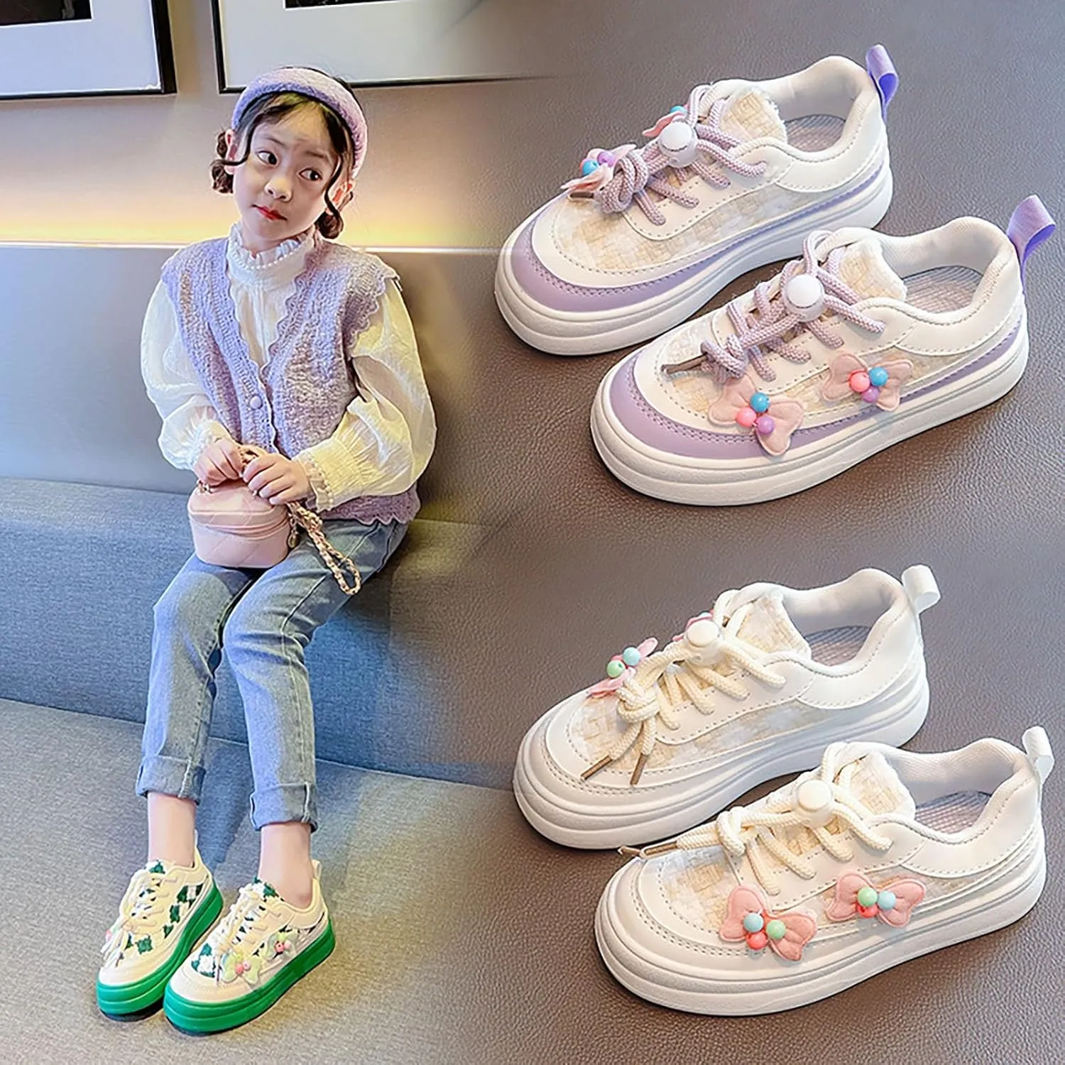 Girls' Bowknot White Sneaker Toddler Kids Casual Breathable Shoes for Little Kid Tennis Running Lace Up Spring Shoes