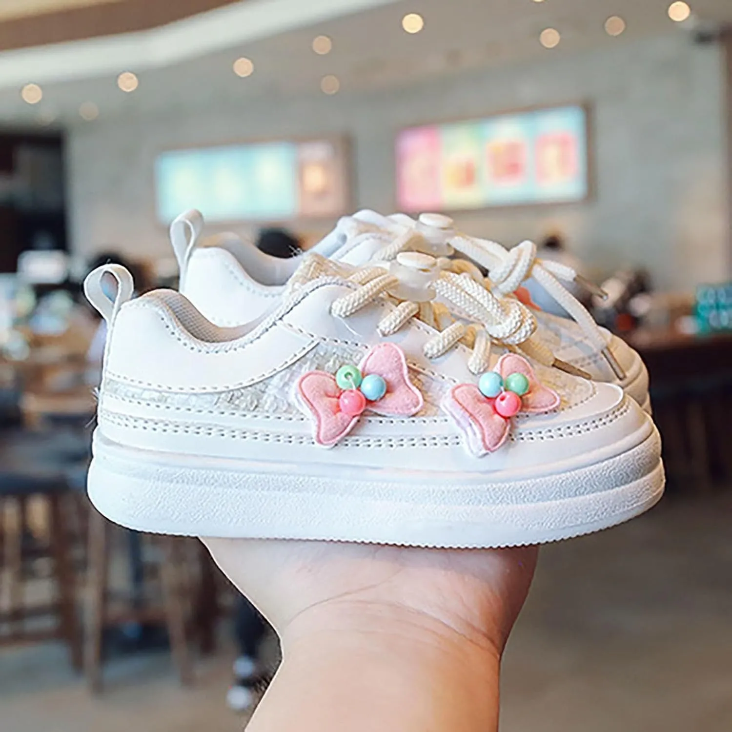 Girls' Bowknot White Sneaker Toddler Kids Casual Breathable Shoes for Little Kid Tennis Running Lace Up Spring Shoes