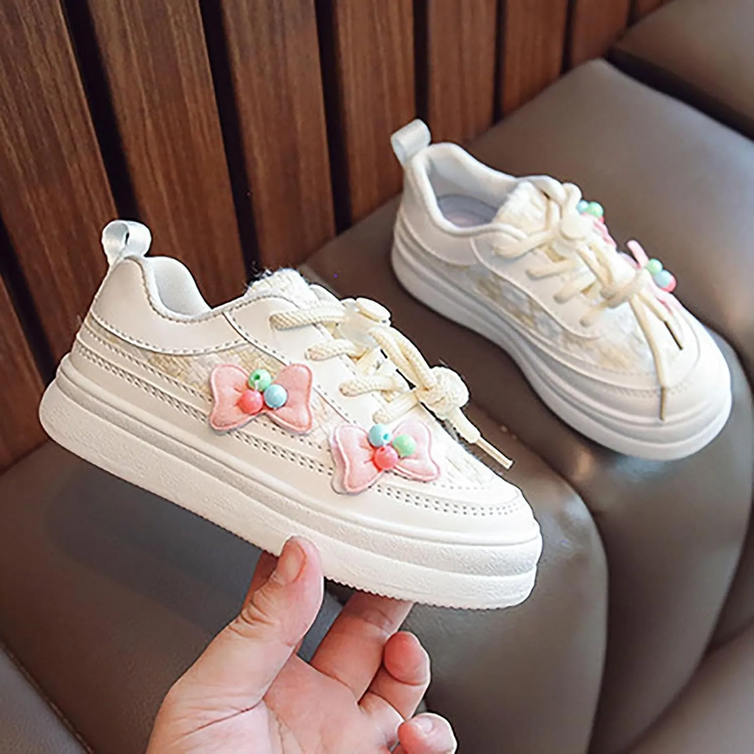 Girls' Bowknot White Sneaker Toddler Kids Casual Breathable Shoes for Little Kid Tennis Running Lace Up Spring Shoes