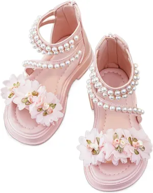 Girls Cute Flower Sandals Summer Open Toe Flat Hig Shoes with Zipper Toddler Baby Girls Wedding 𝗣a𝐫𝐭y Pearl Sandals