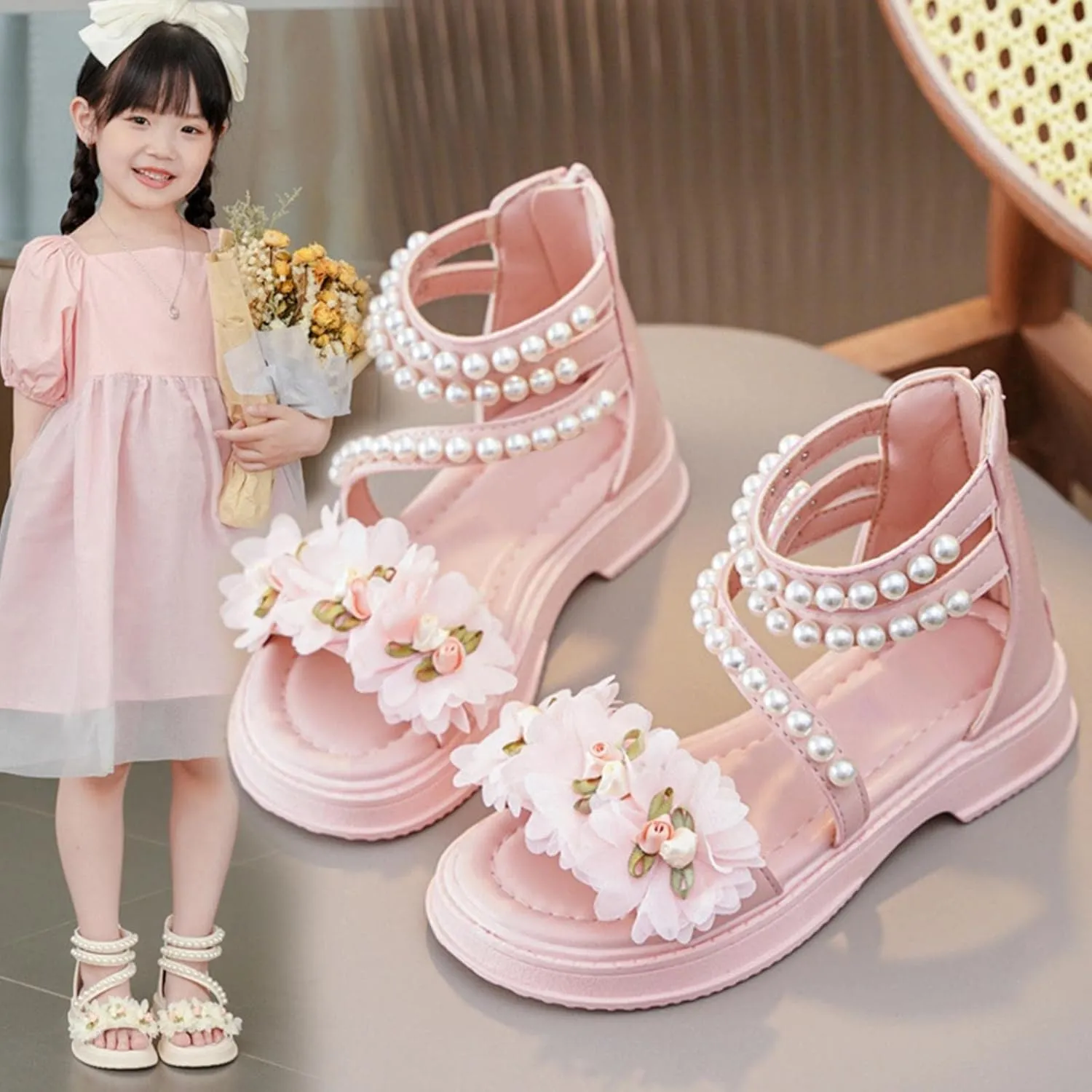 Girls Cute Flower Sandals Summer Open Toe Flat Hig Shoes with Zipper Toddler Baby Girls Wedding 𝗣a𝐫𝐭y Pearl Sandals