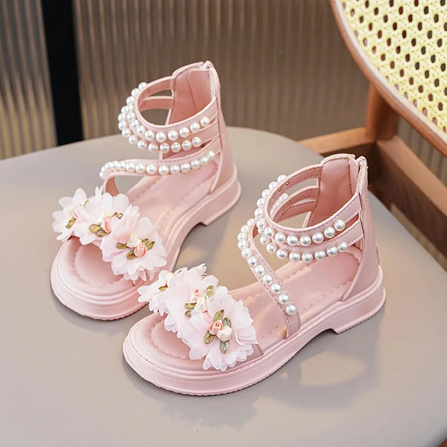 Girls Cute Flower Sandals Summer Open Toe Flat Hig Shoes with Zipper Toddler Baby Girls Wedding 𝗣a𝐫𝐭y Pearl Sandals