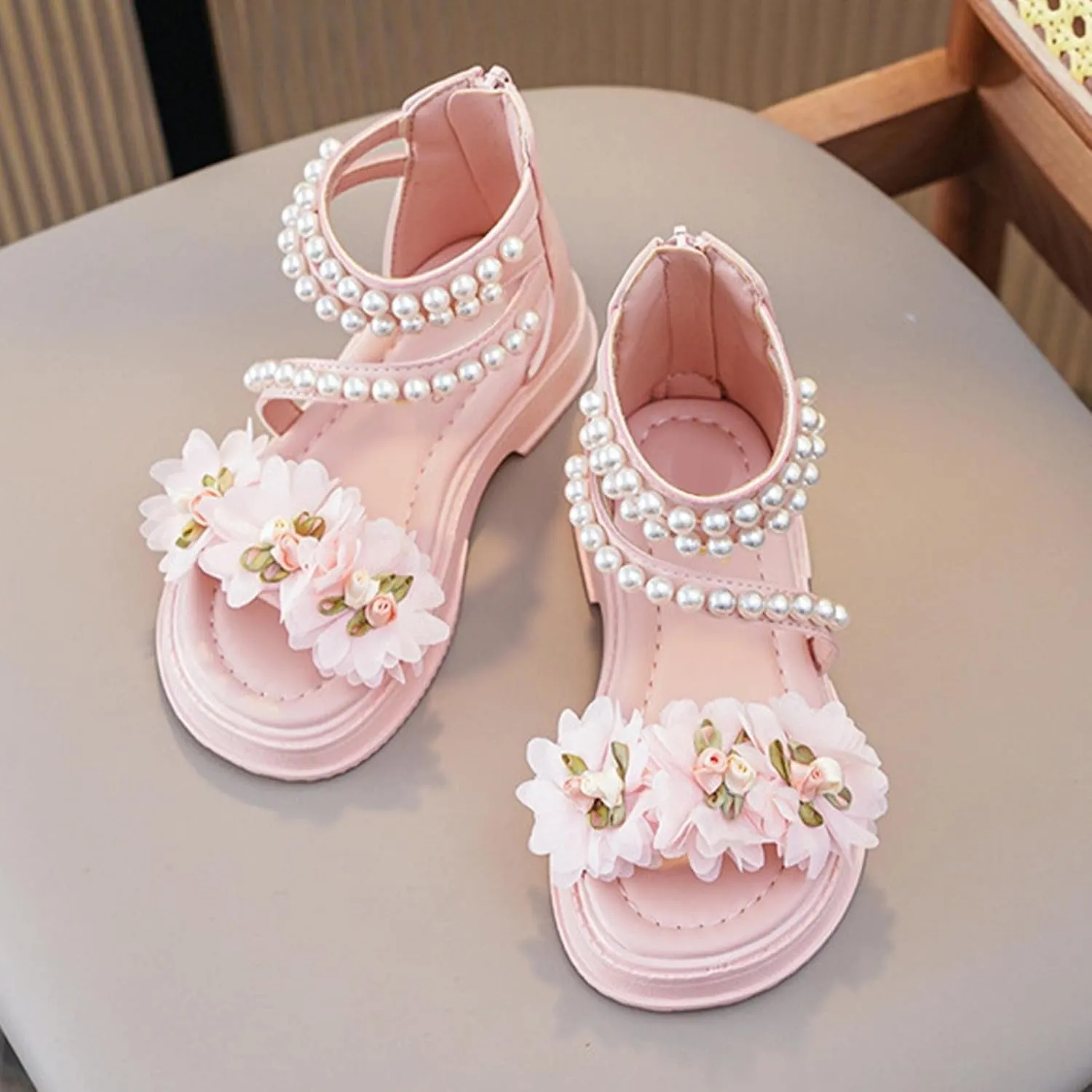 Girls Cute Flower Sandals Summer Open Toe Flat Hig Shoes with Zipper Toddler Baby Girls Wedding 𝗣a𝐫𝐭y Pearl Sandals