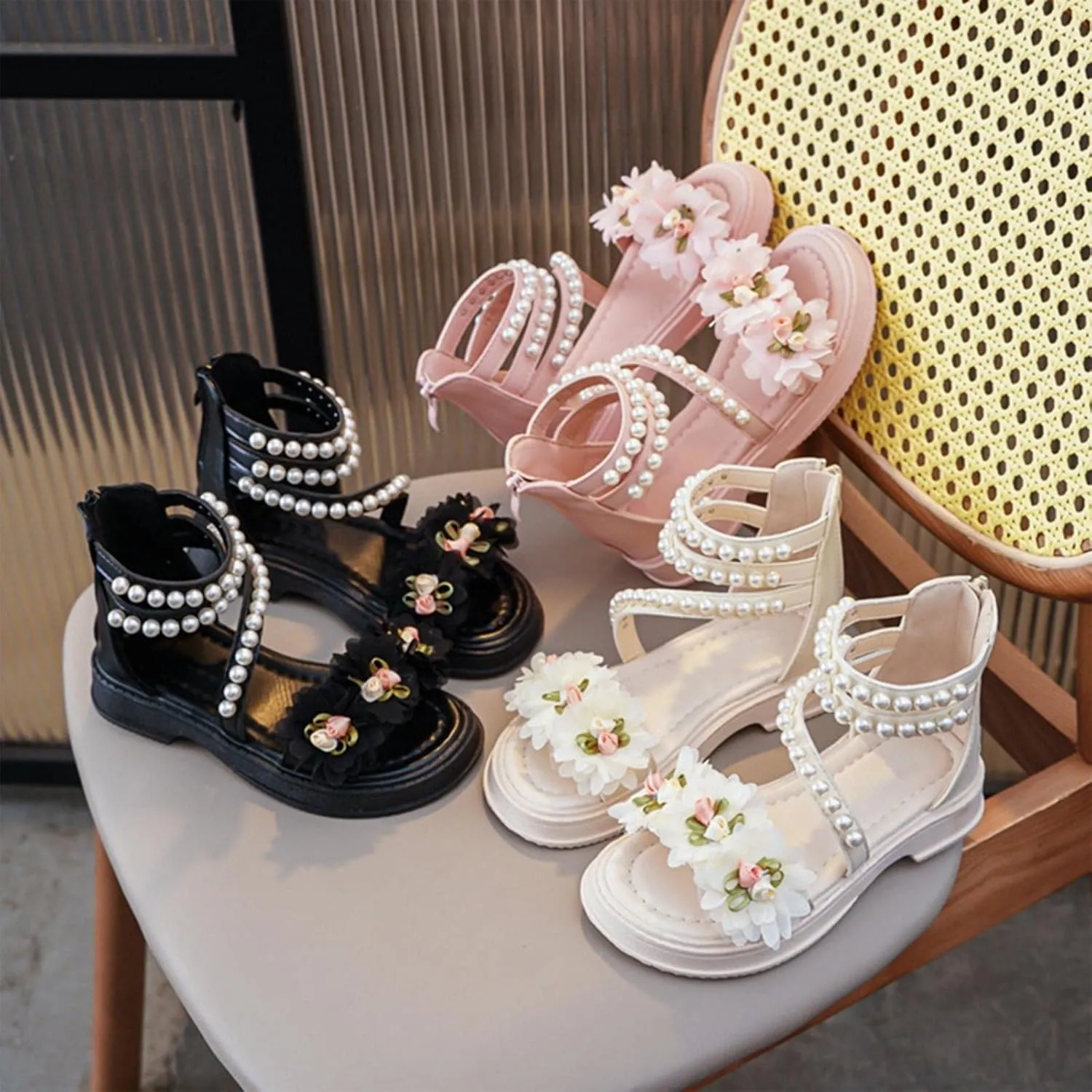 Girls Cute Flower Sandals Summer Open Toe Flat Hig Shoes with Zipper Toddler Baby Girls Wedding 𝗣a𝐫𝐭y Pearl Sandals