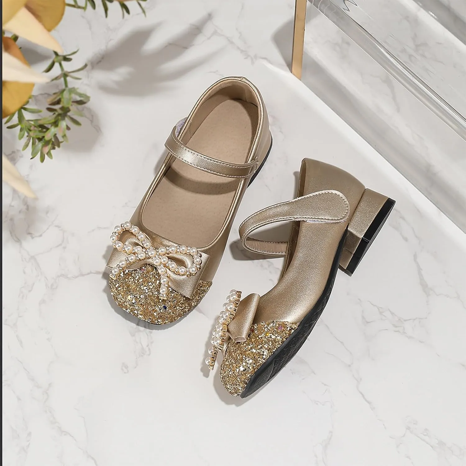 Girls Dress Shoes Girls' Chunky High Heels Princess Shoes Bowknot Mary Jane Performance Shallow Mouth Children's Leather Walking Beach Shower for Boys