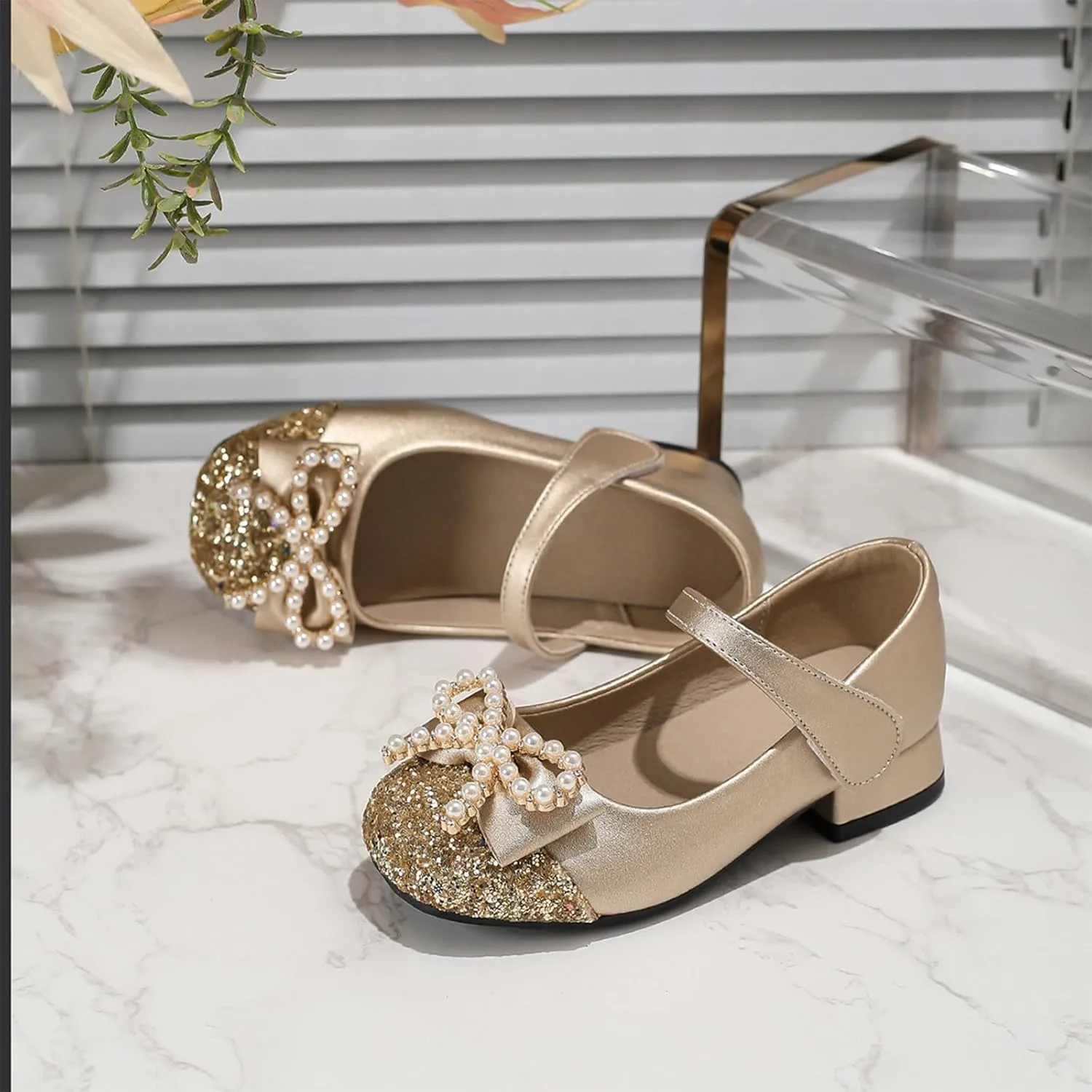 Girls Dress Shoes Girls' Chunky High Heels Princess Shoes Bowknot Mary Jane Performance Shallow Mouth Children's Leather Walking Beach Shower for Boys