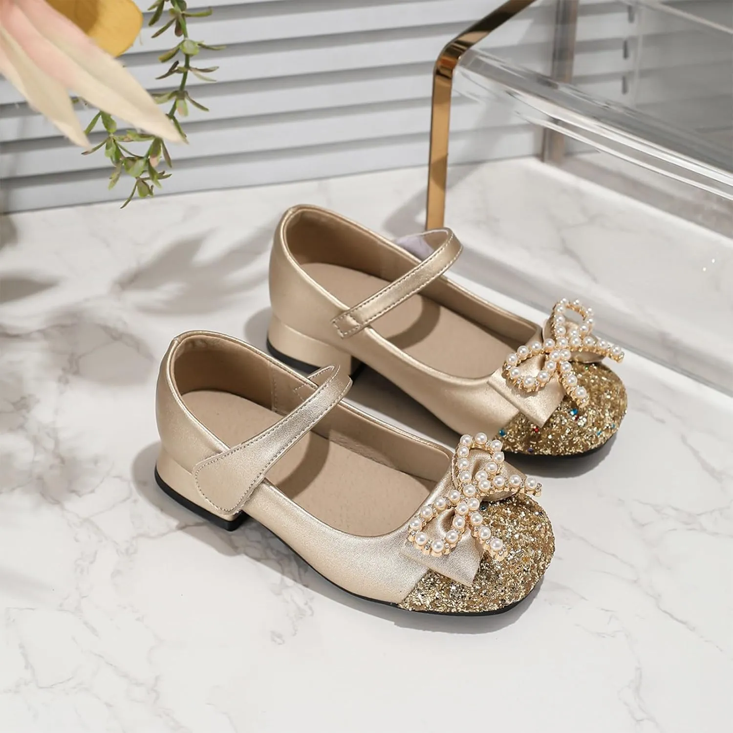 Girls Dress Shoes Girls' Chunky High Heels Princess Shoes Bowknot Mary Jane Performance Shallow Mouth Children's Leather Walking Beach Shower for Boys