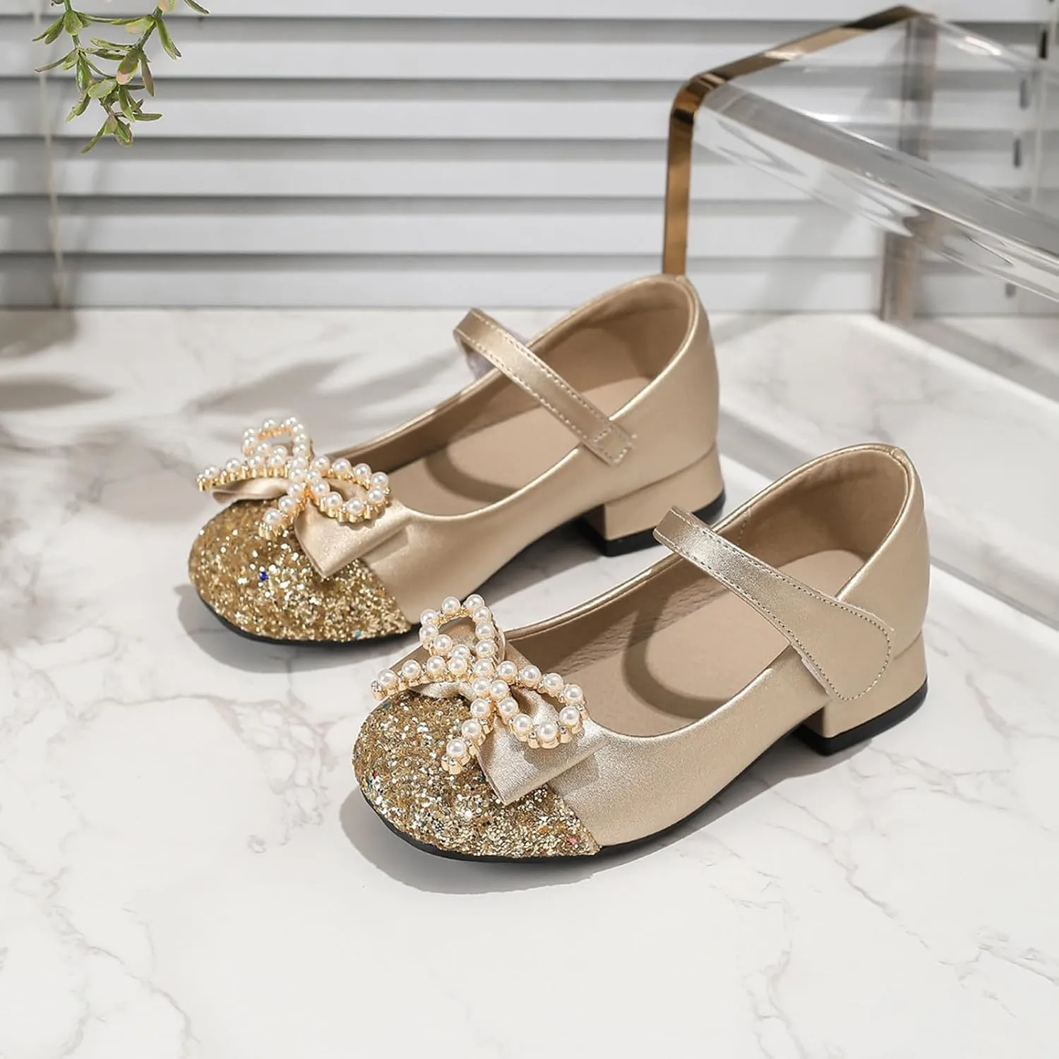 Girls Dress Shoes Girls' Chunky High Heels Princess Shoes Bowknot Mary Jane Performance Shallow Mouth Children's Leather Walking Beach Shower for Boys