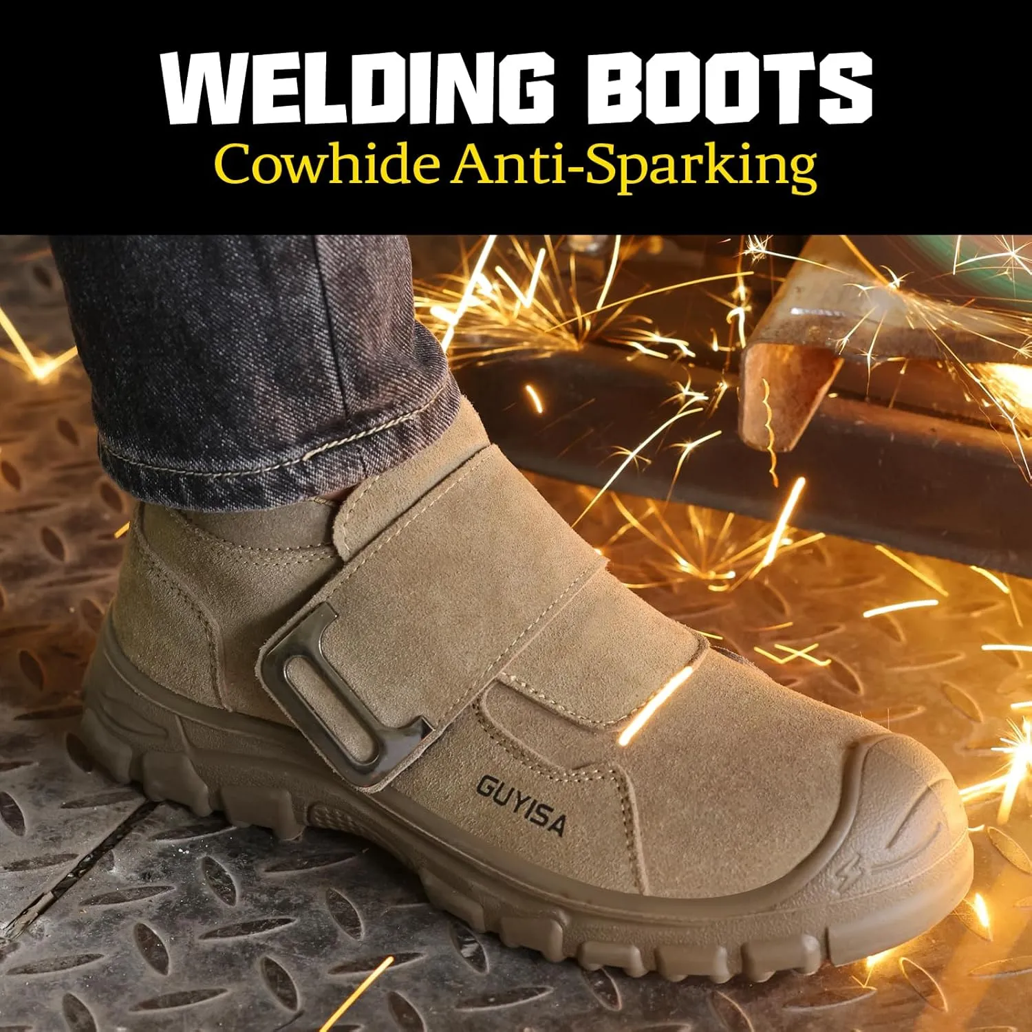 GLANOUDUN Welding Boots for Men Slip on Work Boots for Men Steel Toe Boot Comfortable Welder Boot Construction Safety Footwear Indestructible Men's Steel Toe Shoes
