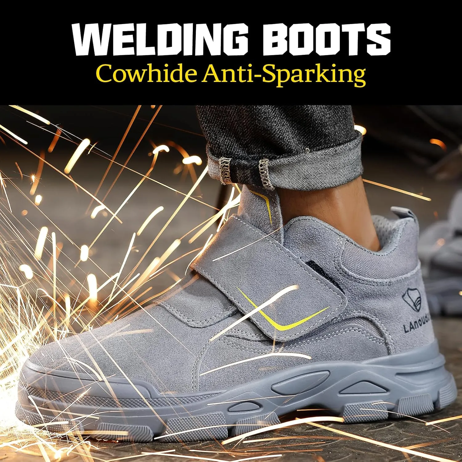 GLANOUDUN Welding Boots for Men Slip on Work Boots for Men Steel Toe Boot Comfortable Welder Boot Construction Safety Footwear Indestructible Men's Steel Toe Shoes