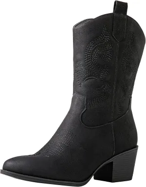 GLOBALWIN Women's Mid Calf The Western Cowgirl Boots Fashion Cowboy Boots For Women Chunky Low Heel