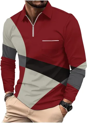 Golf Shirts for Men Lightweight Long Sleeve Quarter-Zip Henley Sweatshirts Loose Fit Color Block Causal Polo Pullover