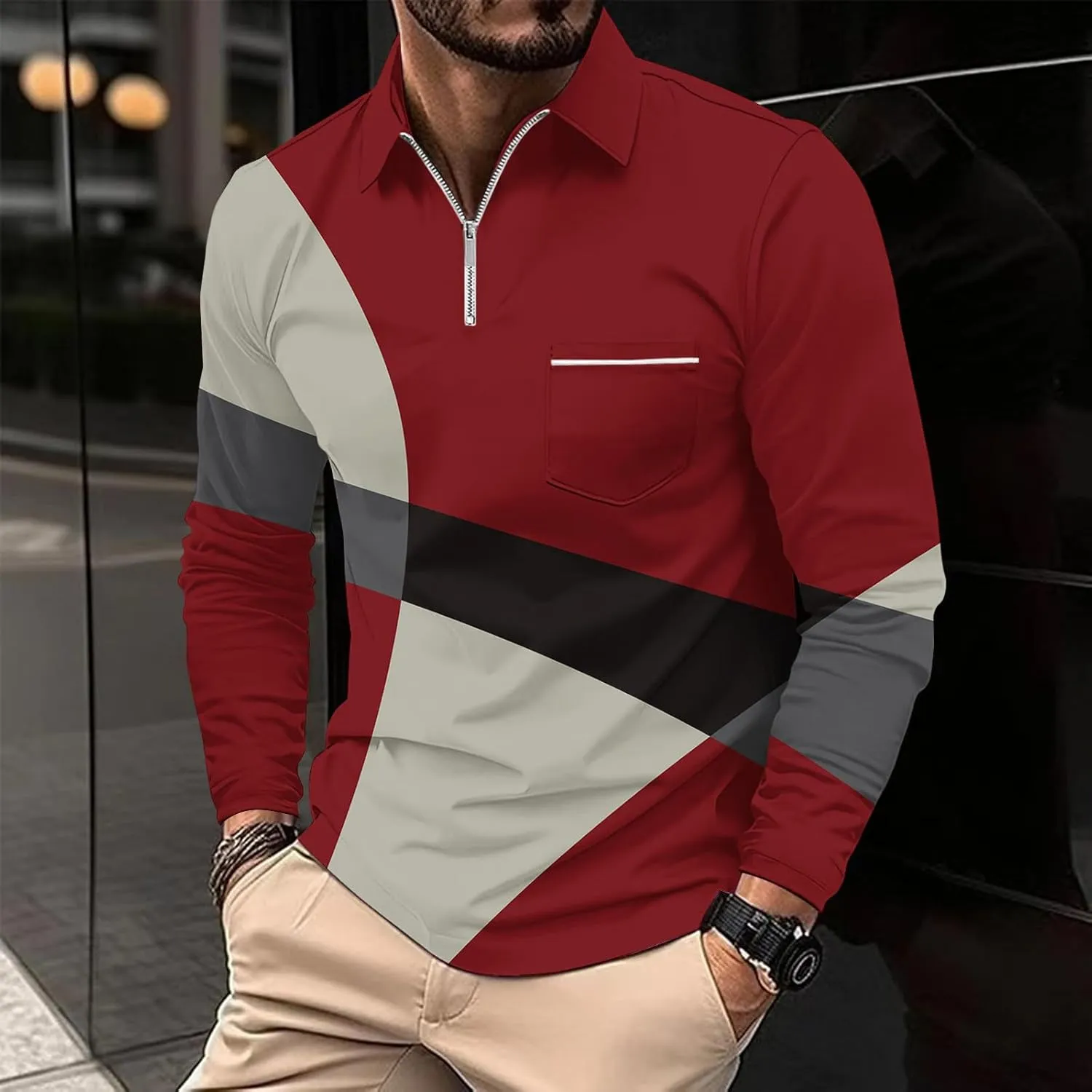 Golf Shirts for Men Lightweight Long Sleeve Quarter-Zip Henley Sweatshirts Loose Fit Color Block Causal Polo Pullover