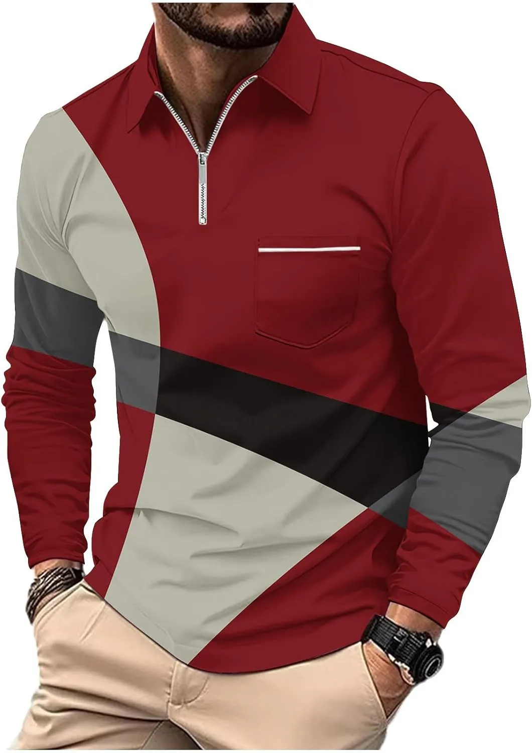 Golf Shirts for Men Lightweight Long Sleeve Quarter-Zip Henley Sweatshirts Loose Fit Color Block Causal Polo Pullover
