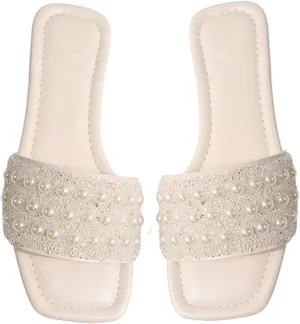 GORGLITTER Women's Pearls Sandals Rhinestone Flat Sandals Dressy Open Toe Slide Sandals