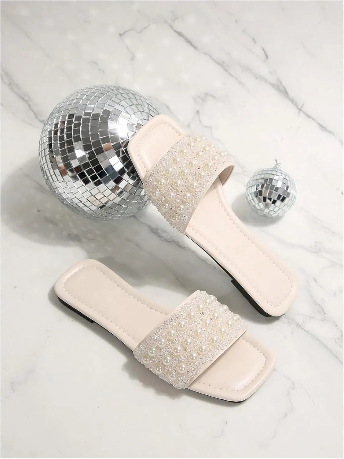 GORGLITTER Women's Pearls Sandals Rhinestone Flat Sandals Dressy Open Toe Slide Sandals