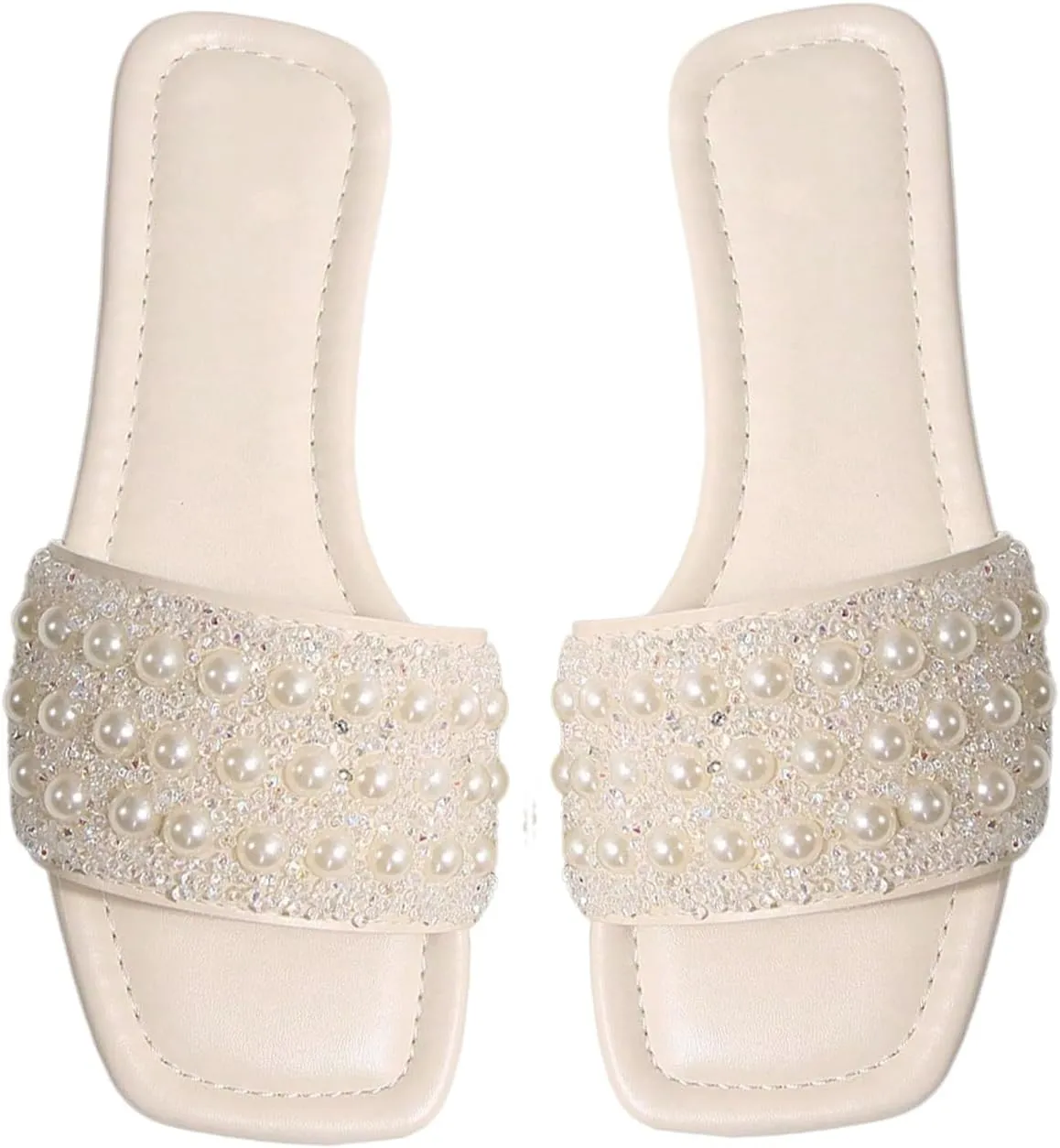 GORGLITTER Women's Pearls Sandals Rhinestone Flat Sandals Dressy Open Toe Slide Sandals