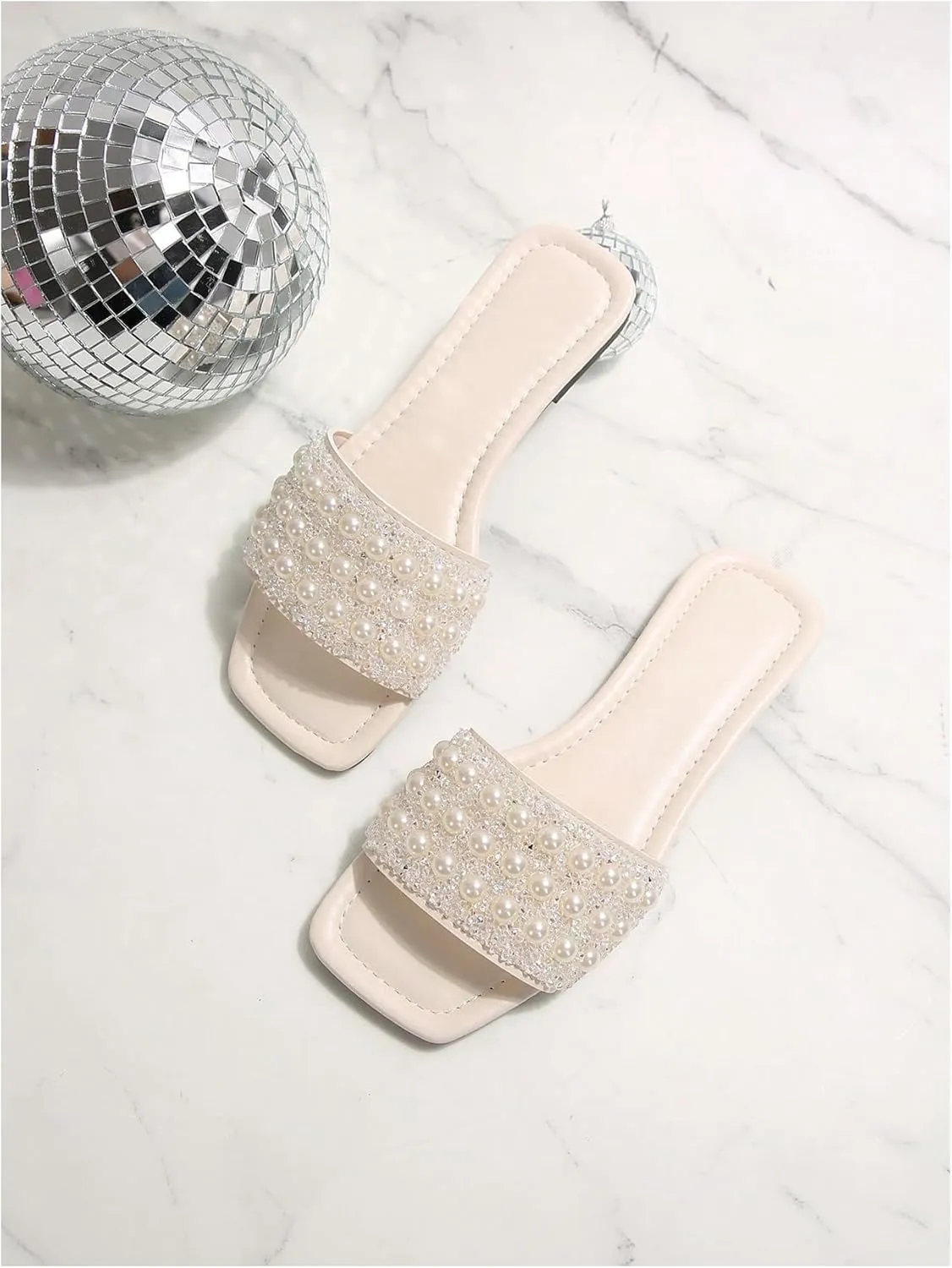 GORGLITTER Women's Pearls Sandals Rhinestone Flat Sandals Dressy Open Toe Slide Sandals