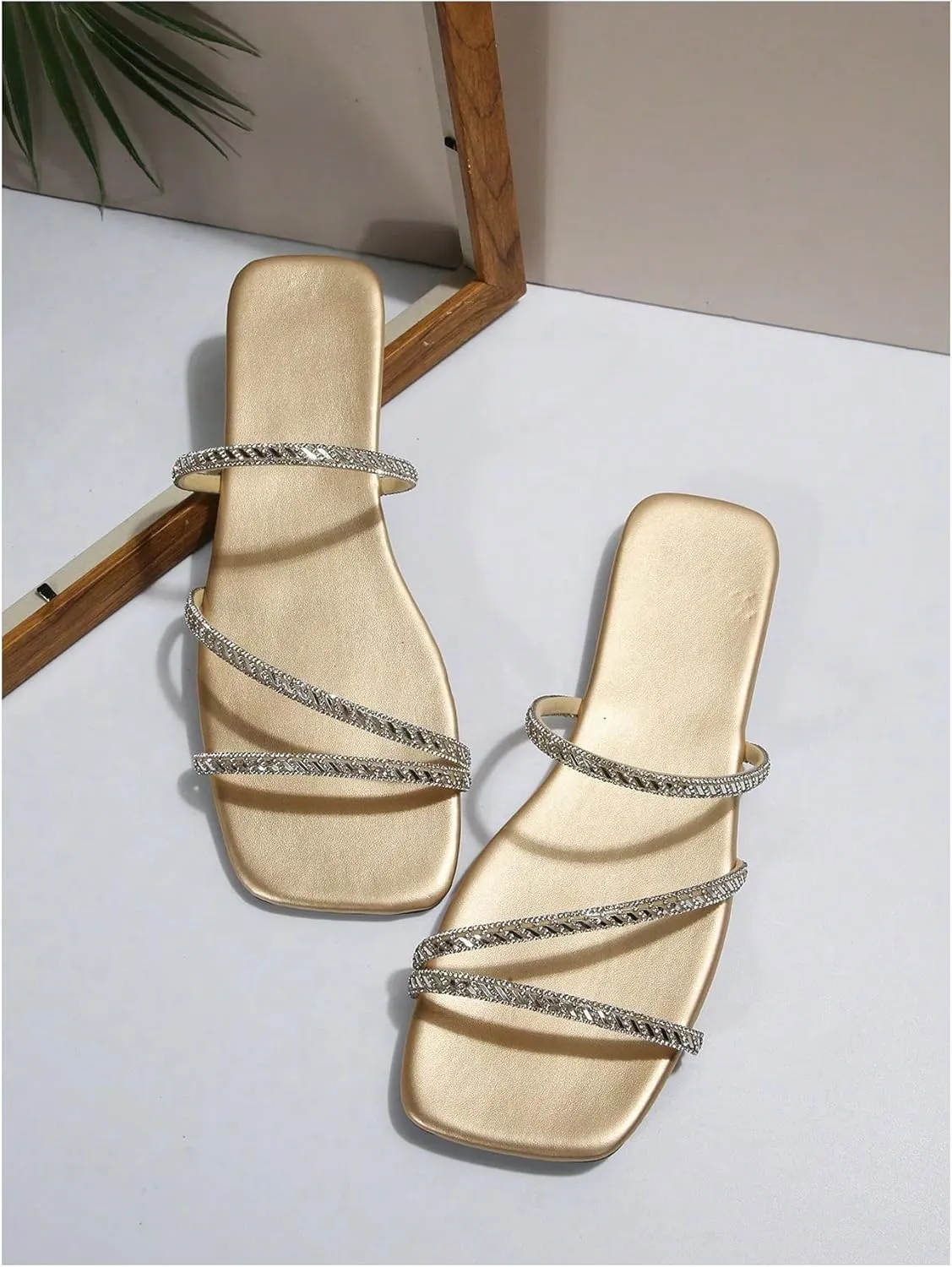 GORGLITTER Women's Rhinestone Flat Strappy Sandals Dress Open Toe Slip on Slide Sandals