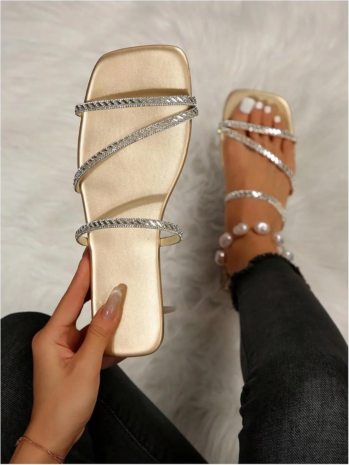 GORGLITTER Women's Rhinestone Flat Strappy Sandals Dress Open Toe Slip on Slide Sandals