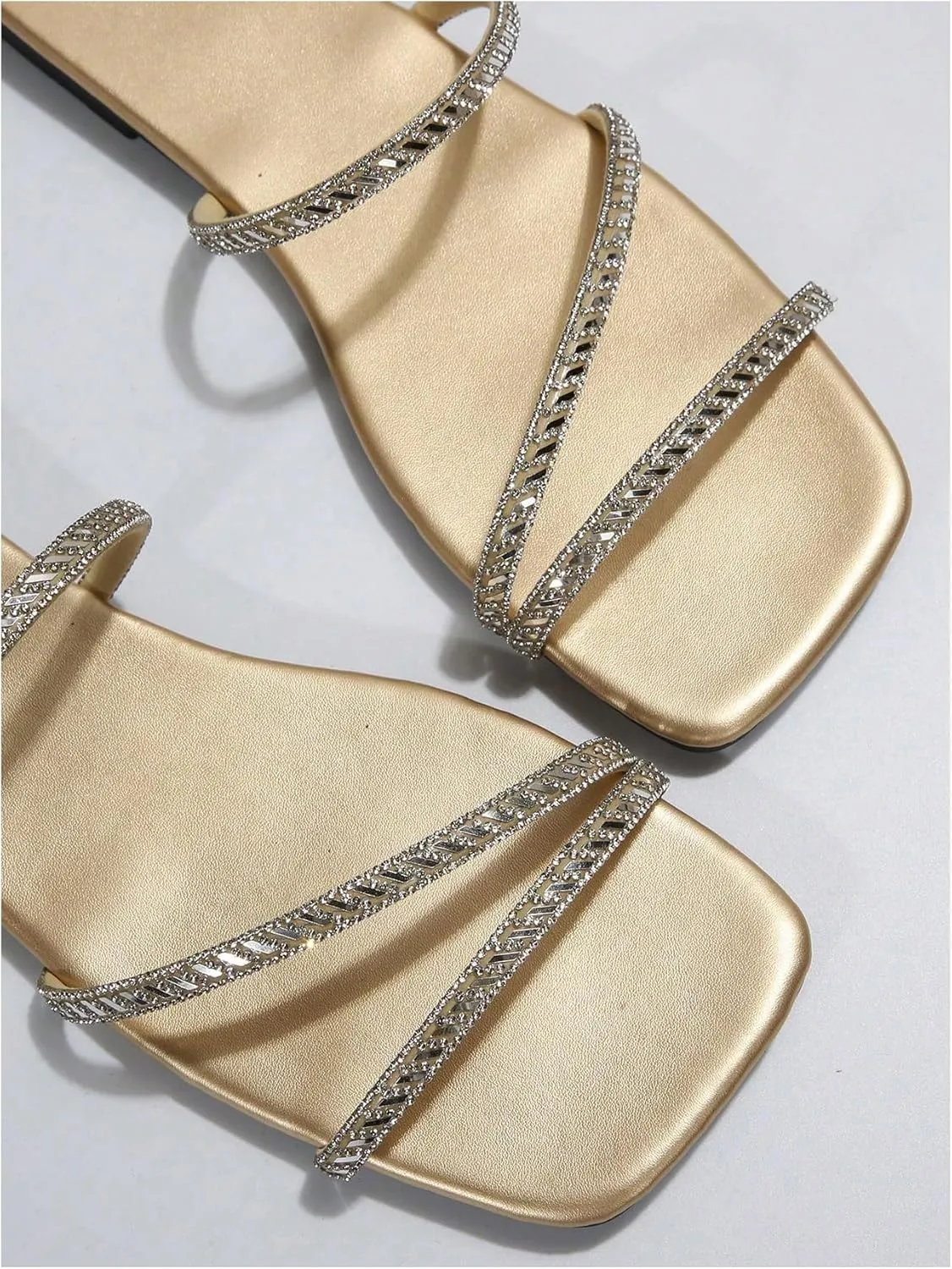 GORGLITTER Women's Rhinestone Flat Strappy Sandals Dress Open Toe Slip on Slide Sandals
