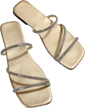 GORGLITTER Women's Rhinestone Flat Strappy Sandals Dress Open Toe Slip on Slide Sandals