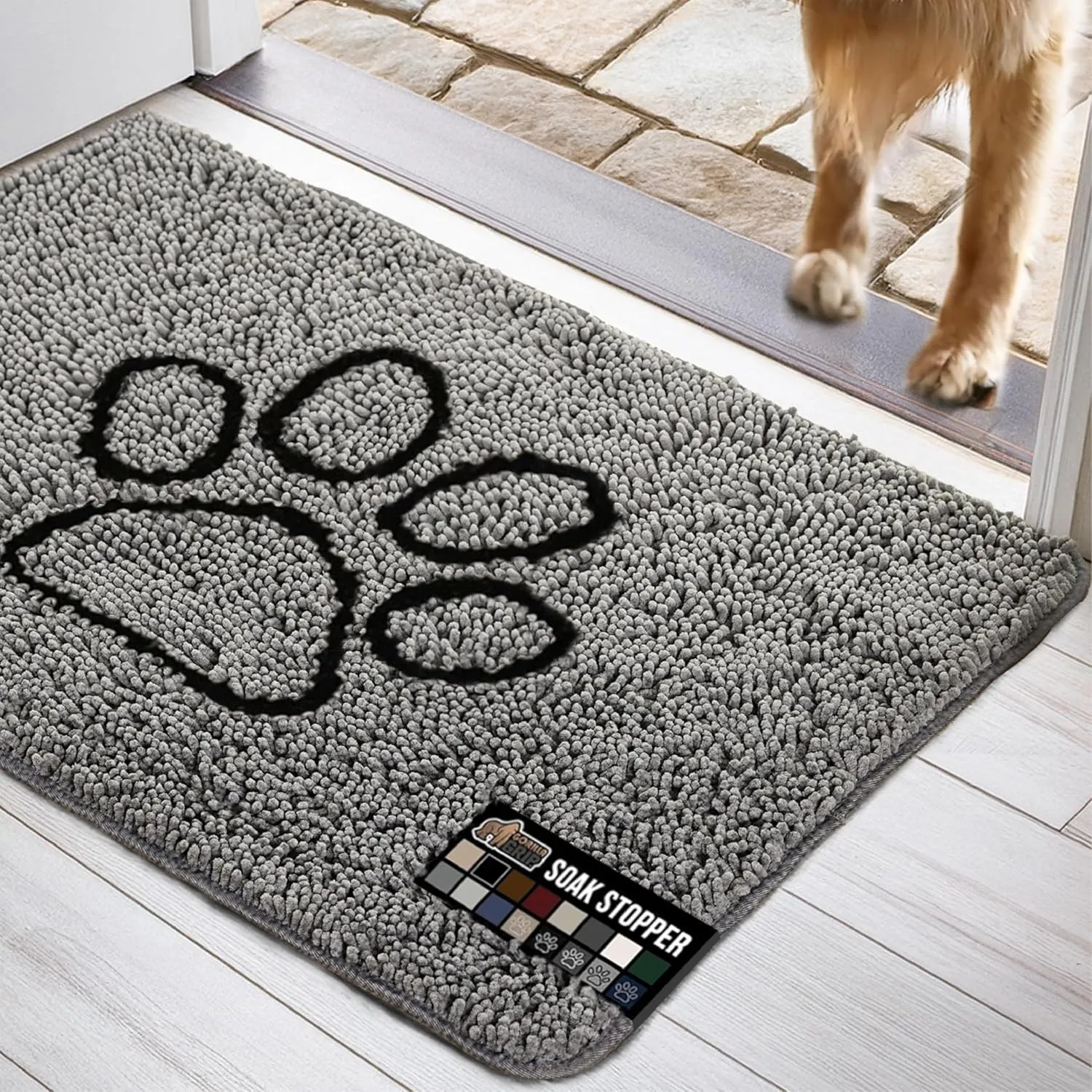 GORILLA GRIP Ultra Absorbent Grippy Doormat for Muddy Dog Paws, 36x24 Machine Washable Soakstopper Rugs Cleaner Floors, Bed Mat for Dirty Dogs, Indoor Entrance Door Rug Pet Bed Mats Paw Gray
