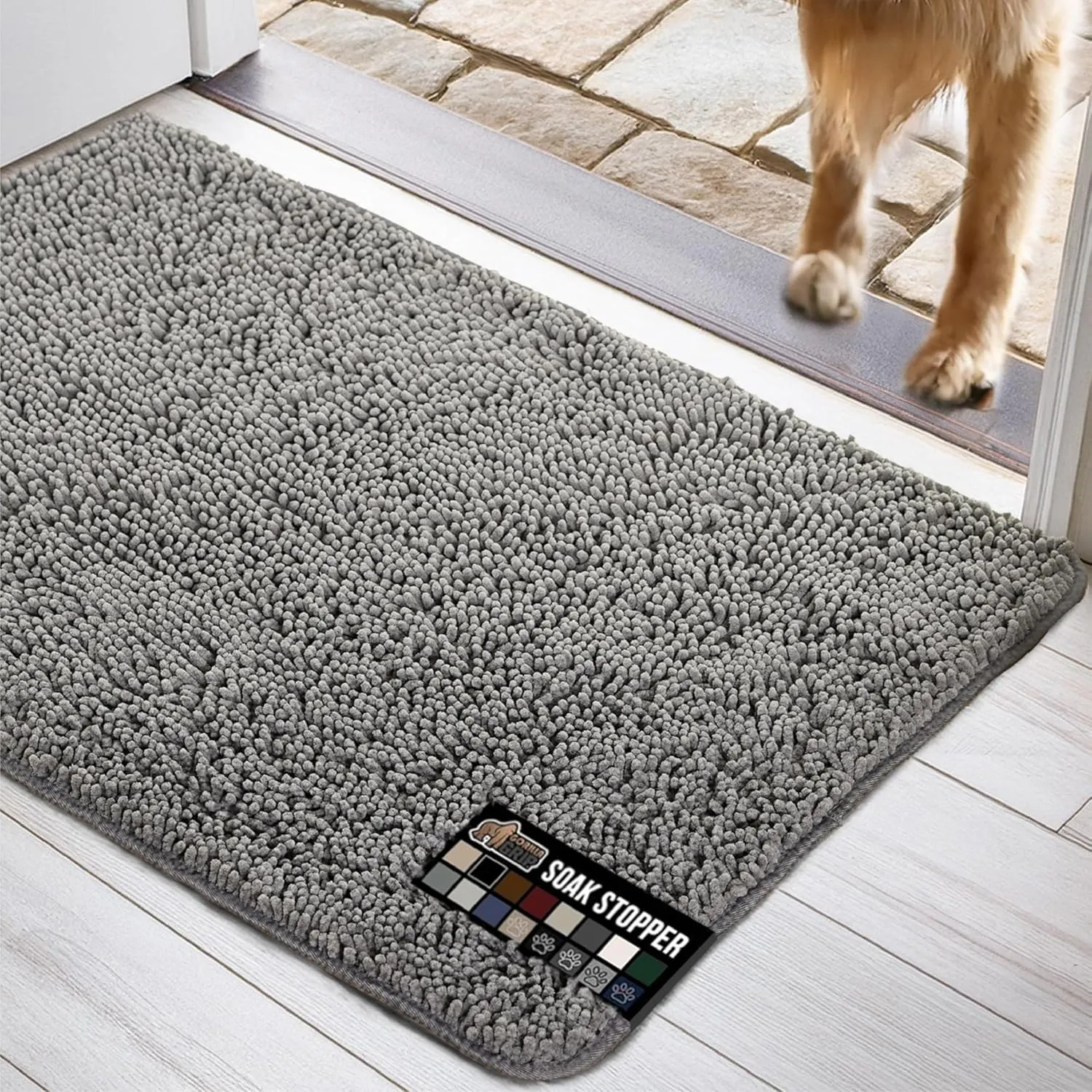 GORILLA GRIP Ultra Absorbent Grippy Doormat for Muddy Dog Paws, Machine Washable Soakstopper Rugs Cleaner Floors, Bed Mat for Dirty Dogs, Indoor Entrance Door Rug Pet Bed Mats 24x17 Gray