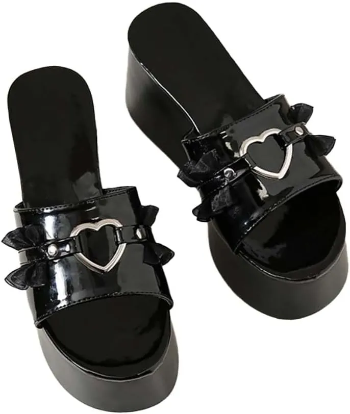 Gothic Platform Wedges Black for Women Heeled Sandals Cute Sweet Lolita
