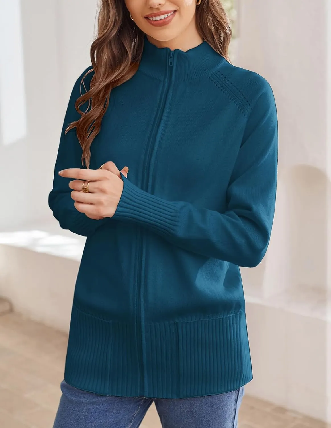 GRACE KARIN Women's Long Sleeve Zip Up Knit Cardigan with Pockets Stand Collar Full Zip Sweater Coat Lightweight