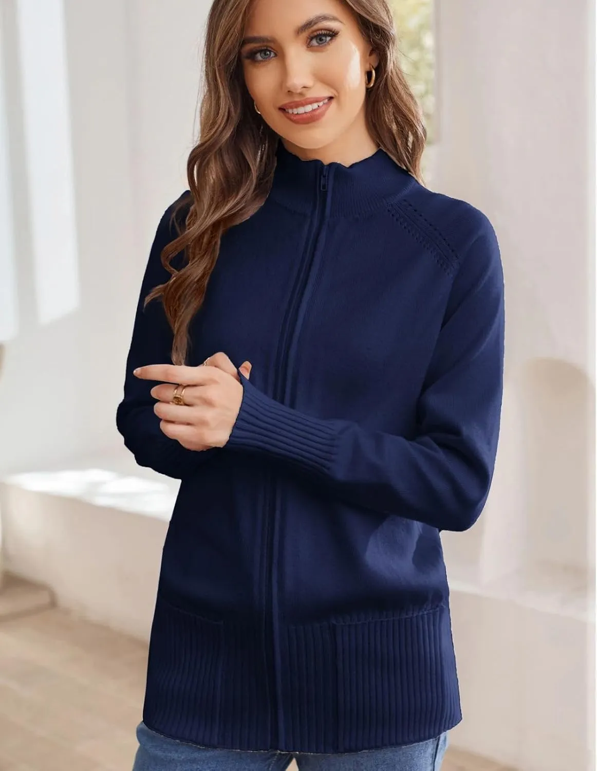 GRACE KARIN Women's Long Sleeve Zip Up Knit Cardigan with Pockets Stand Collar Full Zip Sweater Coat Lightweight