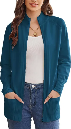 GRACE KARIN Women's Long Sleeve Zip Up Knit Cardigan with Pockets Stand Collar Full Zip Sweater Coat Lightweight